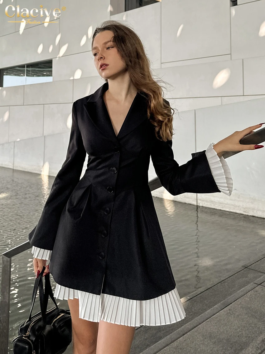 Clacive Fashion Slim Black Office Women Dress 2024 Winter Lapel Long Sleeve Mini Dresses Elegant Classic Patchwork Female Dress