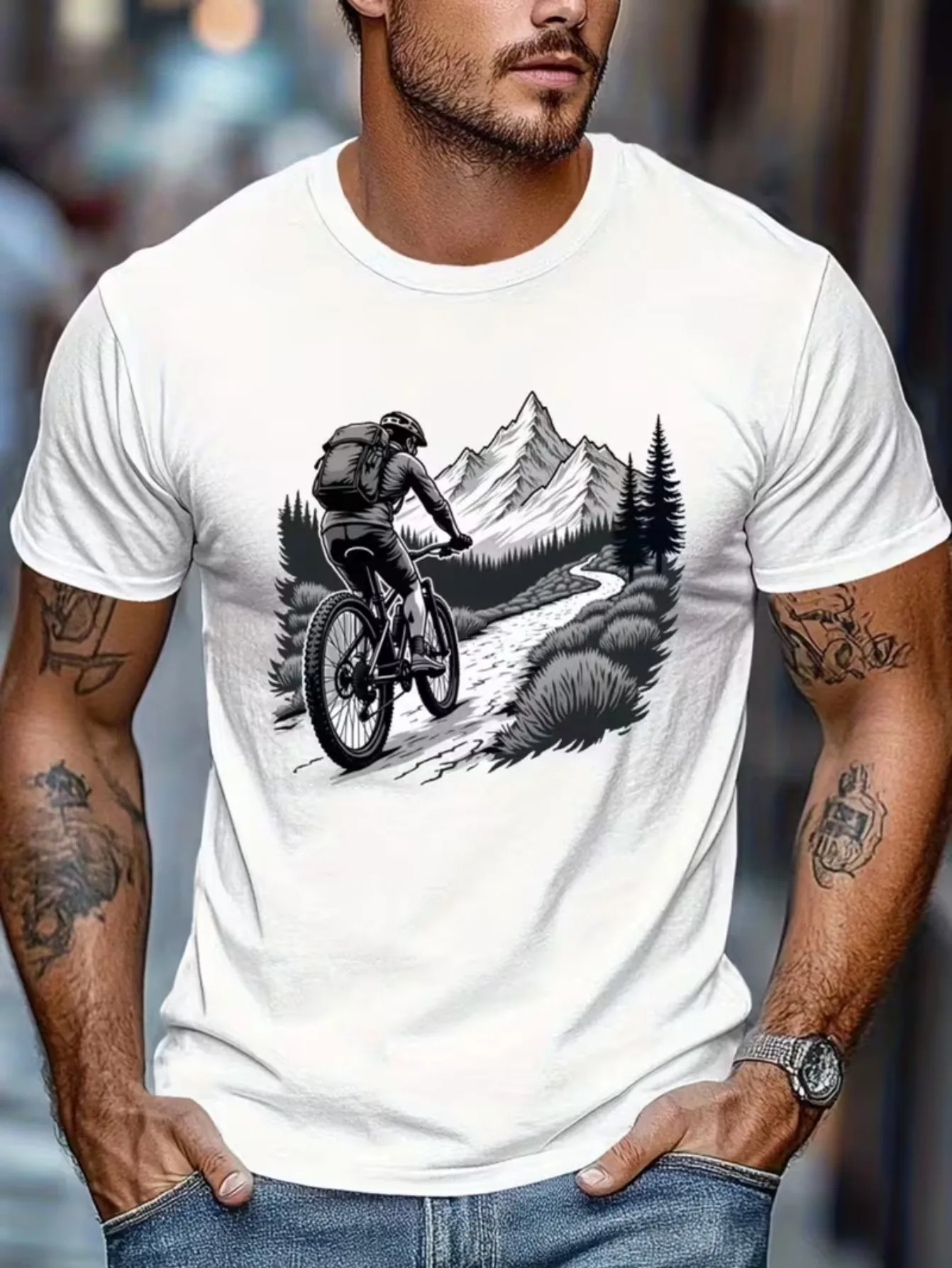 Men'S Print T-Shirt Designed for Mountain Biking Through Forests, Perfect for Cycling Enthusiasts. Features a Hardcore Off-Road