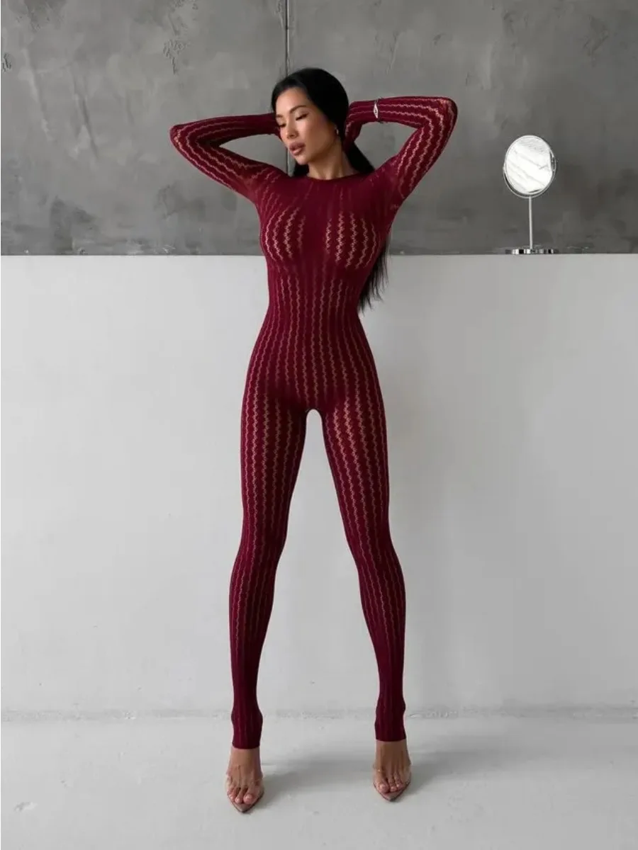 Women's Burgundy Sheer Lace Jumpsuit Long Sleeve Bodycon One Piece Romper Openwork Pattern for Party Club Evening Wear view 2