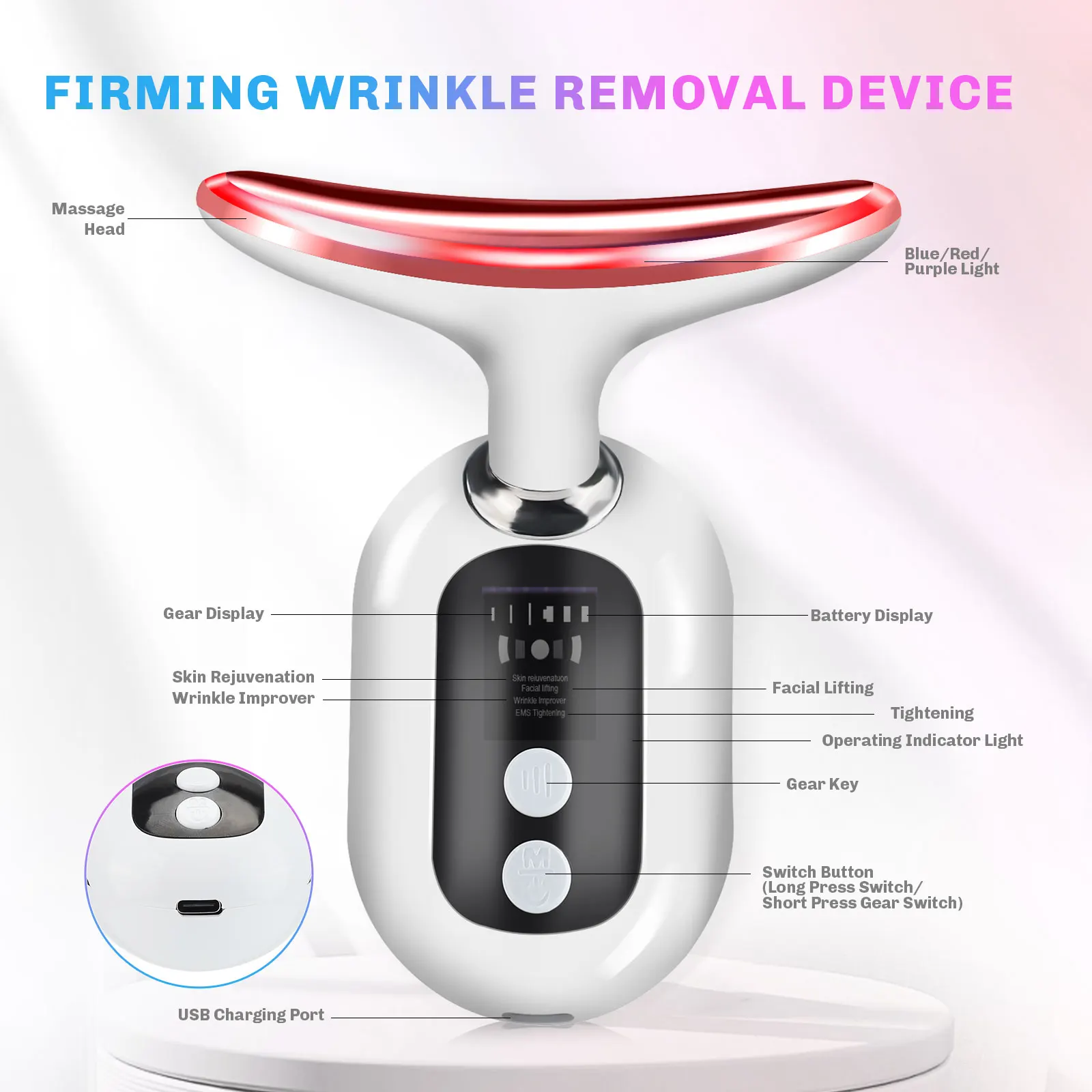 Microcurrent Neck Face Massager EMS Lifting Firming Skin Care Tightening Device LED Light Therapy for Neck Lines Reducer At Home view 3