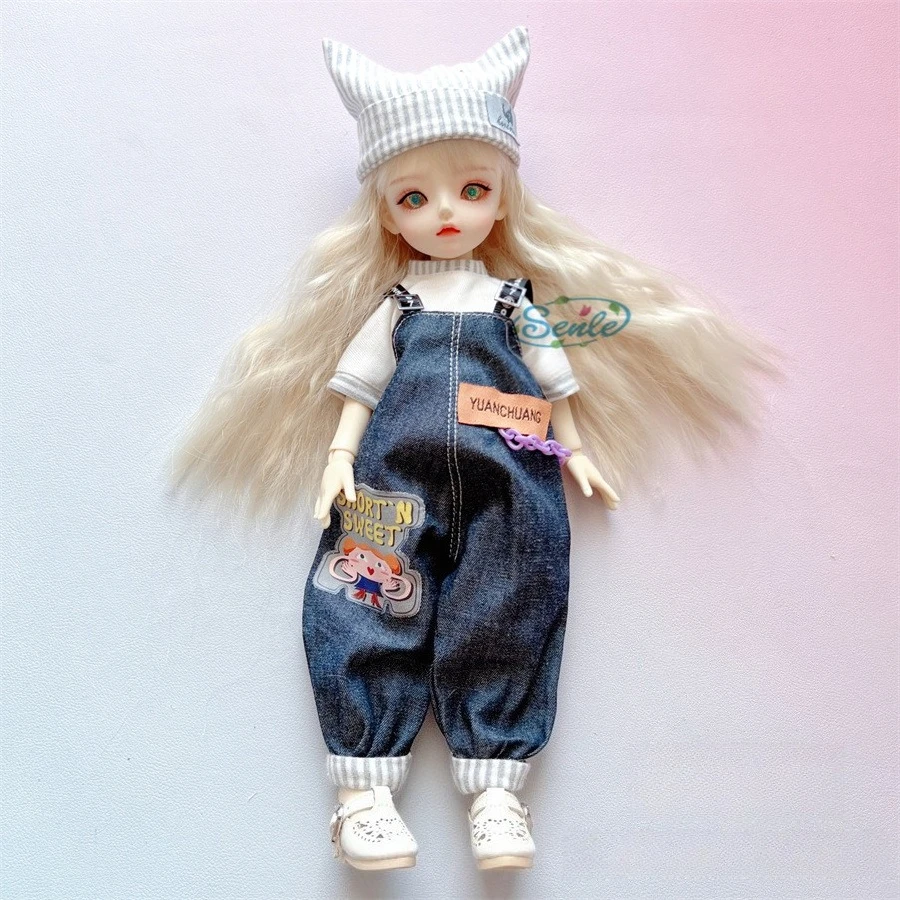 Pink Purple Corduroy Overalls 6 Points BJD Doll Cute Bear Patch Flutter Sleeve Clothes Bucket Hat 30cm Dolls Dress Up Set Gifts
