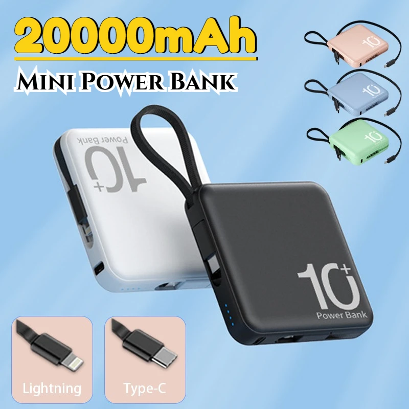 

20000 мАч Mini Power Bank Powerbank Портативное зарядное устройство Быстрая зарядка Внешняя батарея для IPhone Xiaomi Встроенный кабель Быстрая зарядка