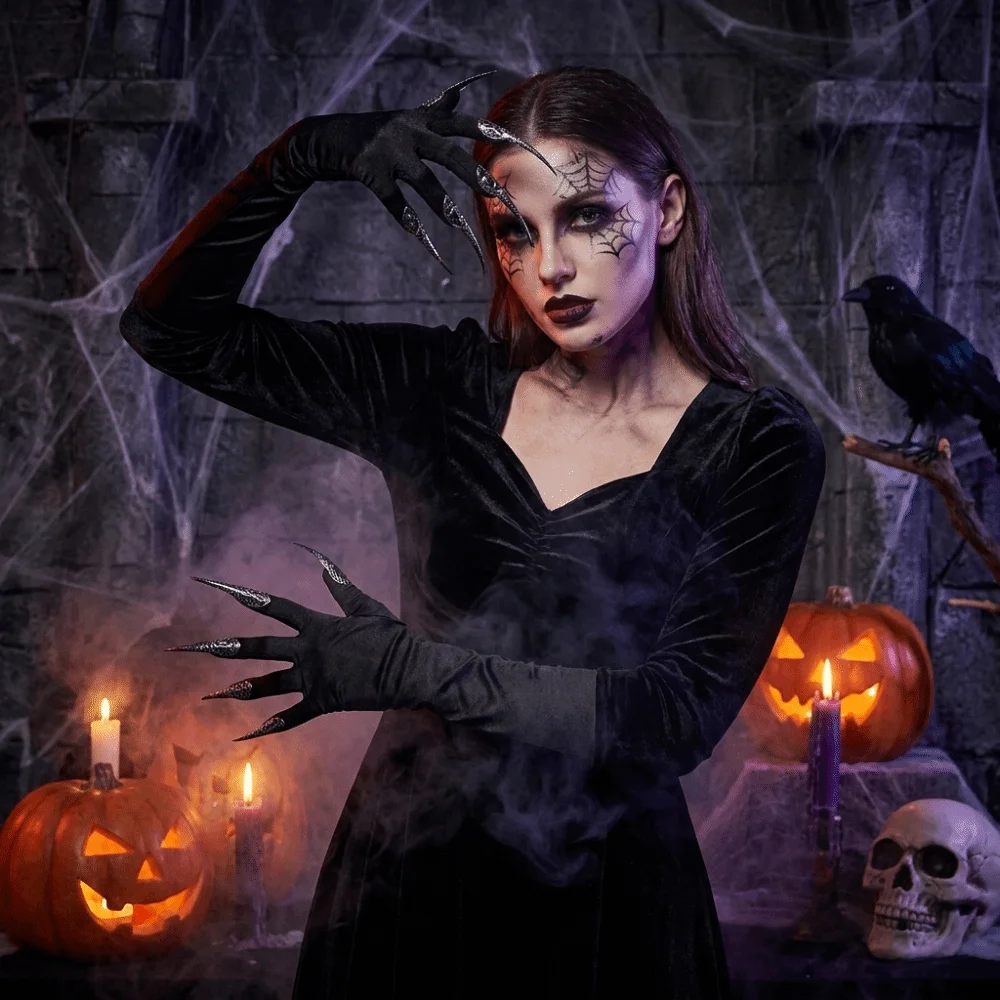 Gothic Long Nails Gloves Black Stretch Polyester Halloween Witch Gloves Elastic Black Detachable Claw Nails Gloves Roleplay