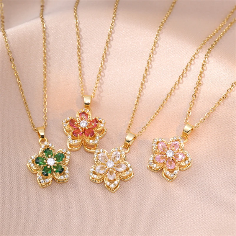 Exquisite Rotating Flower Pendant Necklace for Women Gold Color Shiny Zircon Stainless Steel Clavicle Chain Choker Charm Jewelry