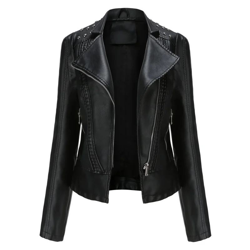 European Size Women's Beaded Leather Jacket Long Sleeve Fashionable Jacket with Turn-down Collar Motorcycle Jacket Thin Spring a