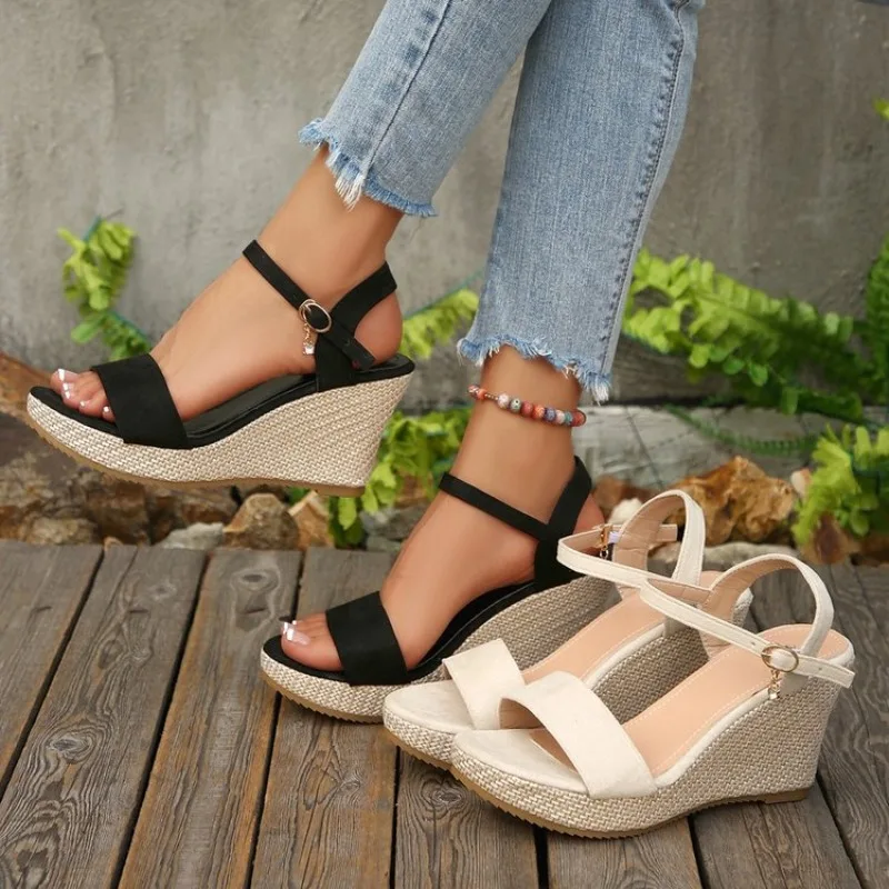 Sandalias de cuña de moda para mujer, sandalias de verano informales para exteriores, zapatos de playa con punta abierta, sandalias de plataforma con tacón alto y hebilla para mujer