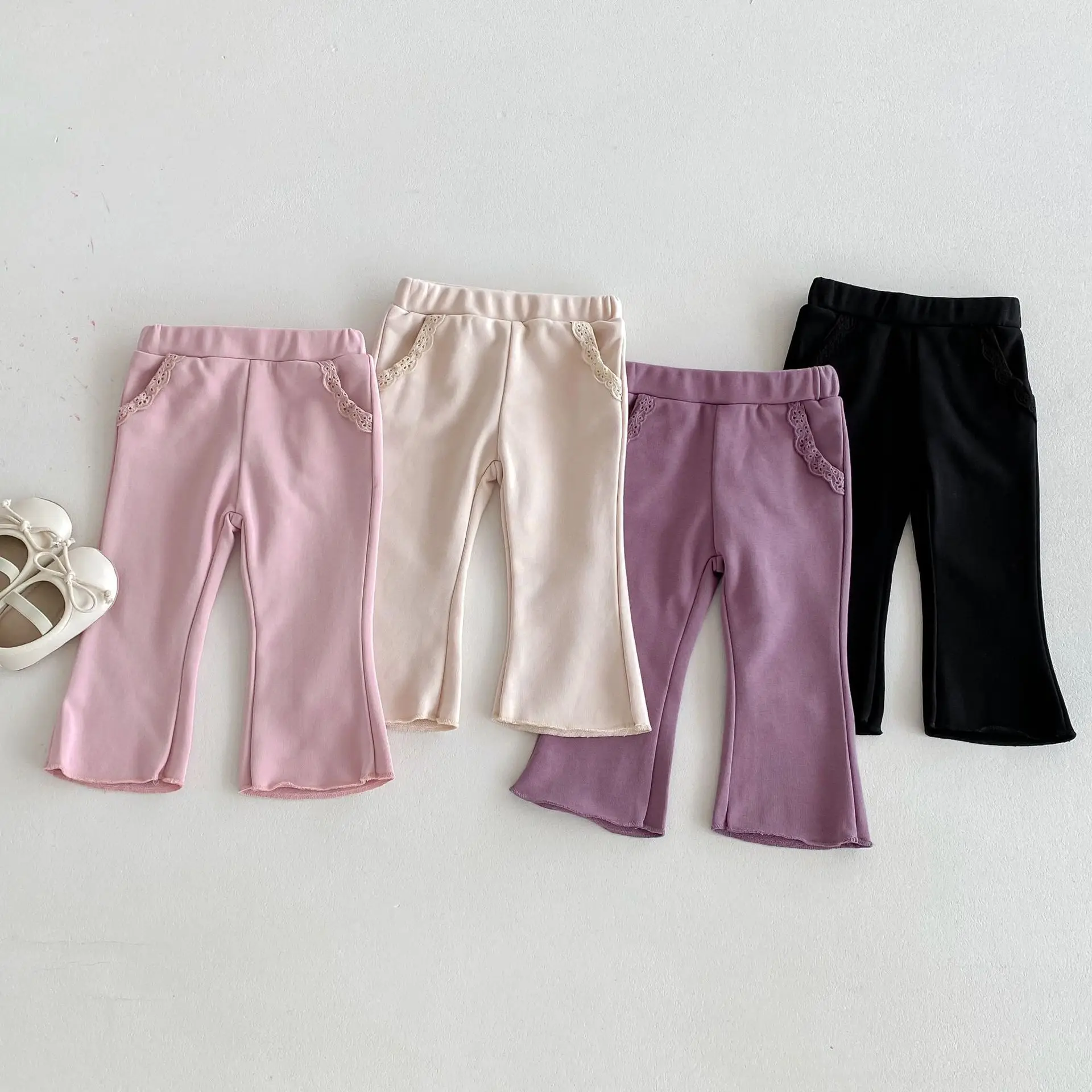 

UNITIM Autumn Baby Girls Pants Coton Solid Lace Pocket Stretch Infant Girls Pants Casual Ealstic Waist Toddler Girl Flared Pants