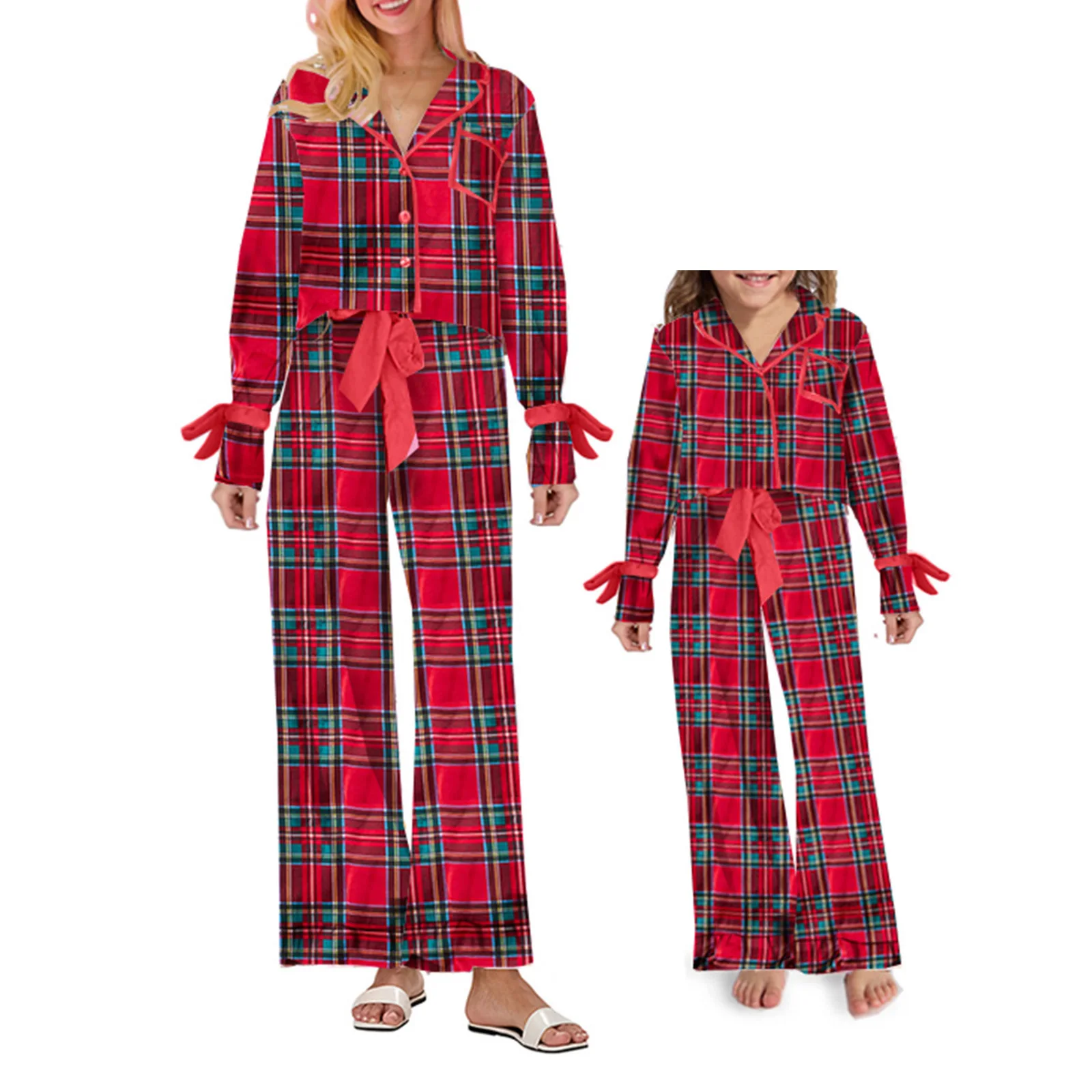 Hirigin Mommy and Me Matching Christmas Pajamas Set Bow Tie Shirt Pants Xmas Pjs Set 2 Piece Jemmies for Women Girl