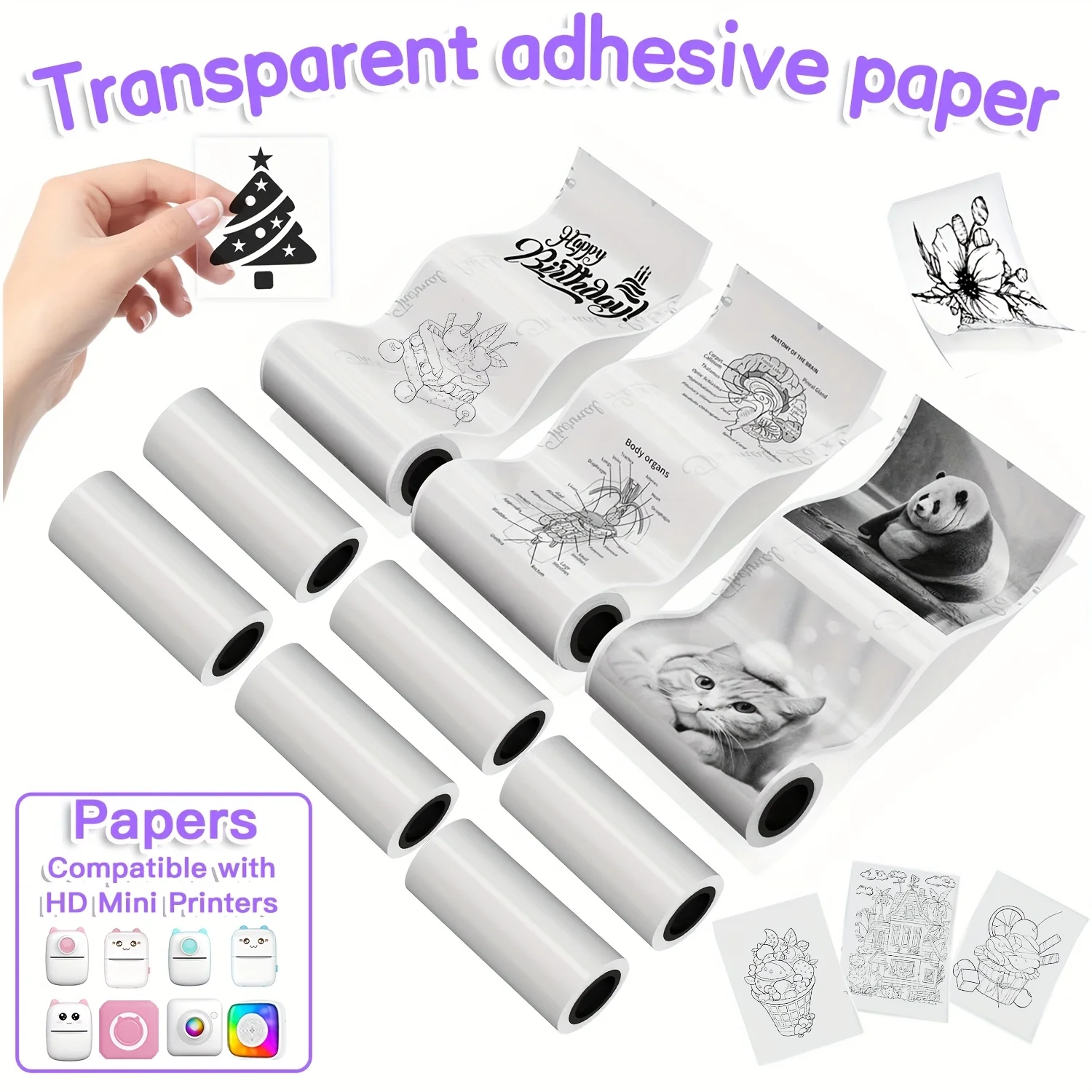 Clear Self-Adhesive Thermal Printer Paper - 57mm Transparent Stickers for Mini Portable Wireless Receipt Printers, HD Print
