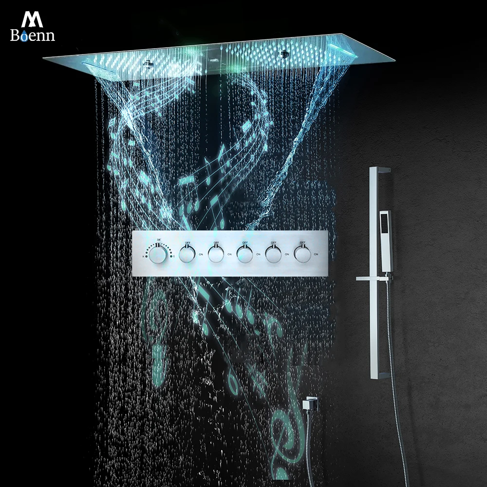 

M Boenn Chrome 35*12 Inch Rainfall Shower Head Music LED Shower System Set Bathroom Faucets Brass 5 Functions Thermostatic Mixer