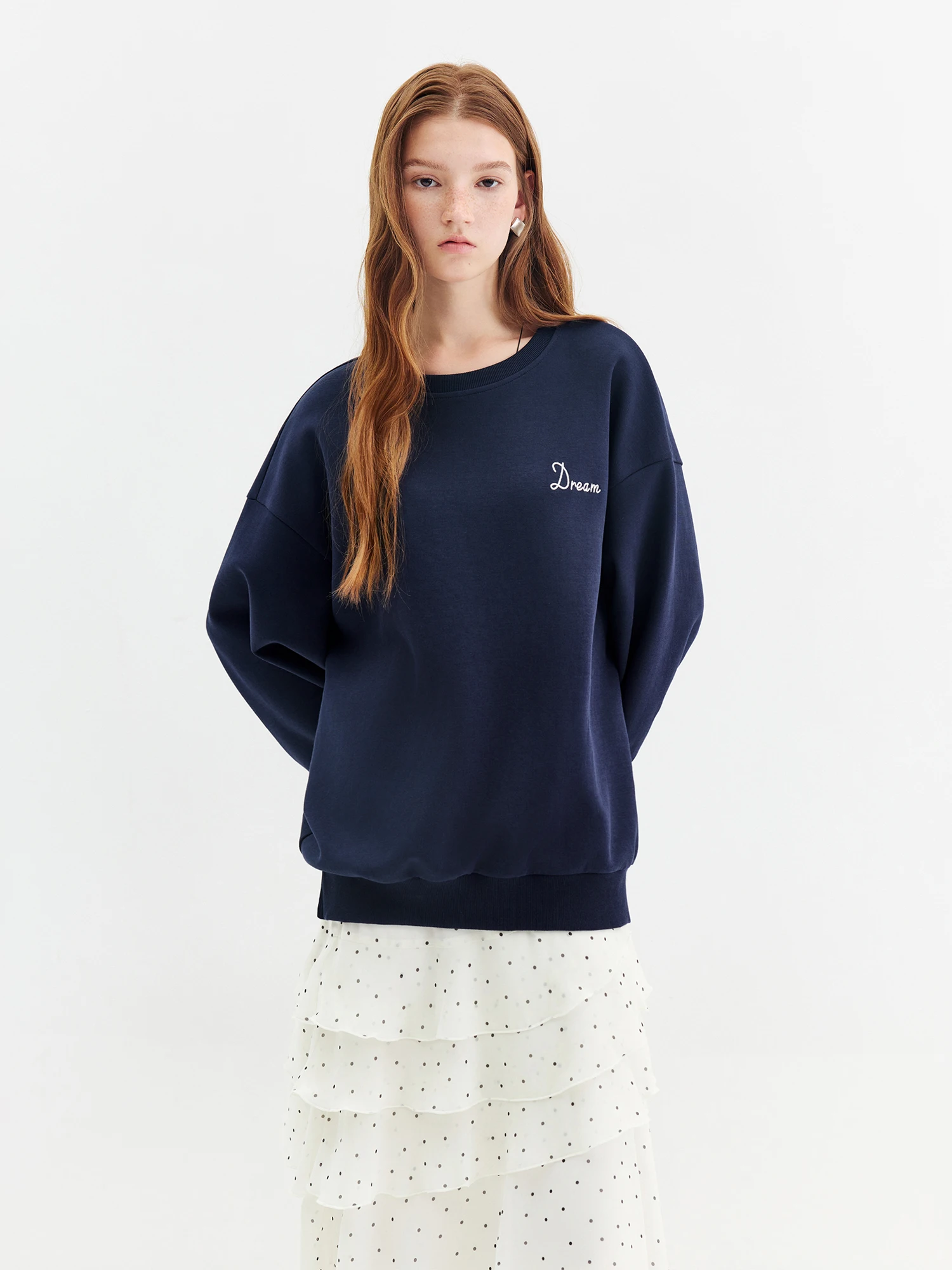 FSLE Simple Casual Navy Blue Crew Neck Sweatshirt New Autumn 2026 Style Loose Fit Versatile Top Exercise Korean Style
