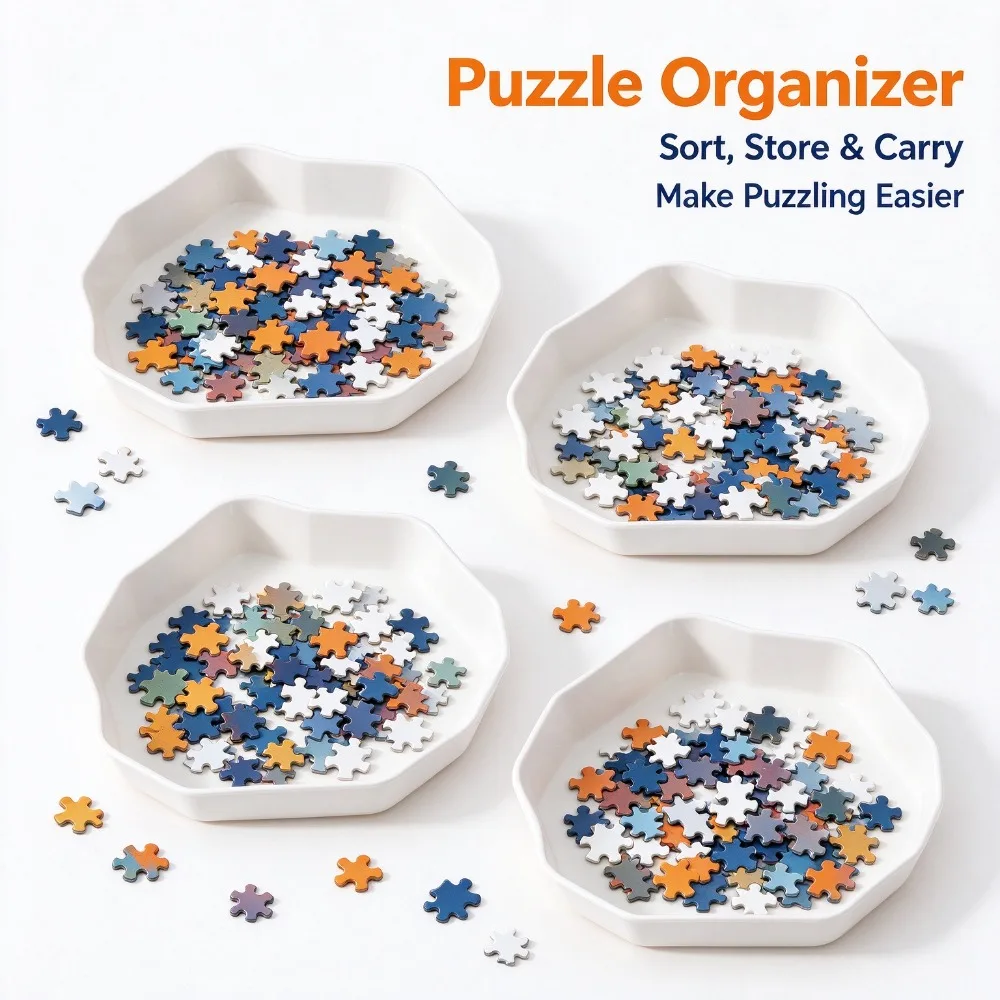 4Pcs White Puzzle Sorting Trays, Irregular Shape Stackable Jigsaw Puzzle Pieces Storage Trays, Same Size Puzzle Organizer