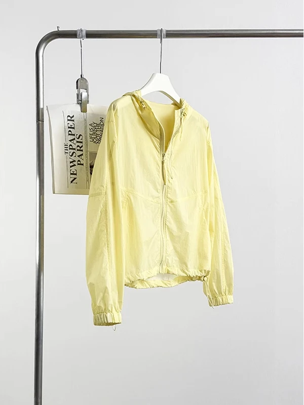 Feminino verão solto ajuste com capuz proteção solar jaet duplo zíper casual sle design leve longo sve