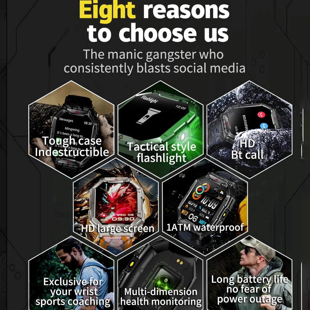 Sports Fitness Men Compass Flashlight Outdoor Smart Watch Blue Tooth Call Heart Rate Blood Oxygen Health Waterproof Smartwatch