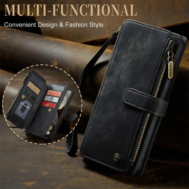 

Magnetic Leather Case For Google Pixel 7A /8 /Pro 8a 9 Pro XL Luxury Auto Closing Zipper multi-card slot Flip Wallet Cover