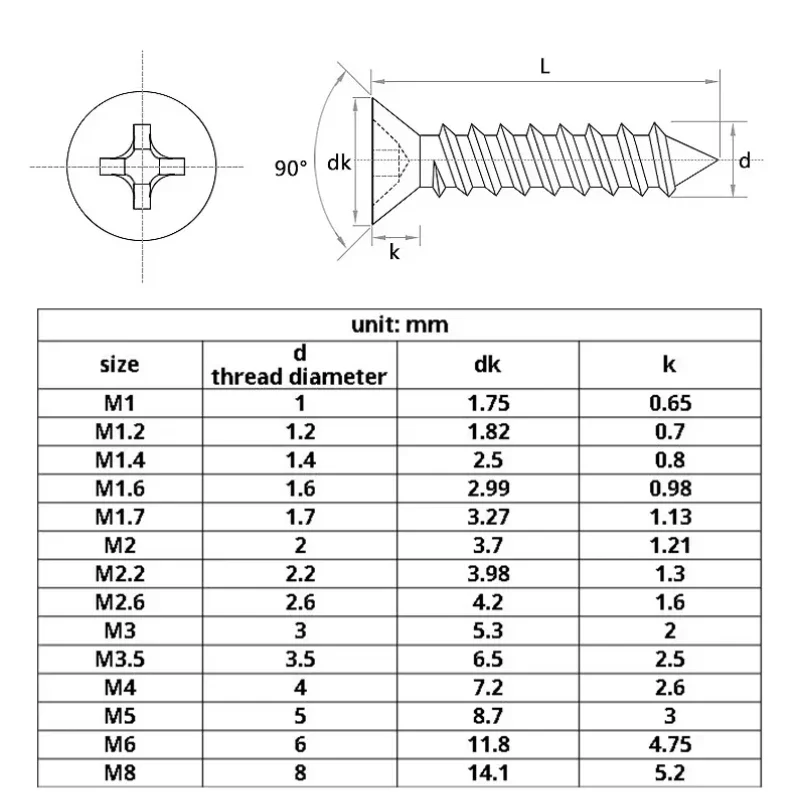 M2-M6 Cross Recessed Countersunk Flat Head Self-tapping Screw 316Stainless Steel Phillips Furniture Screw  Wood Screw