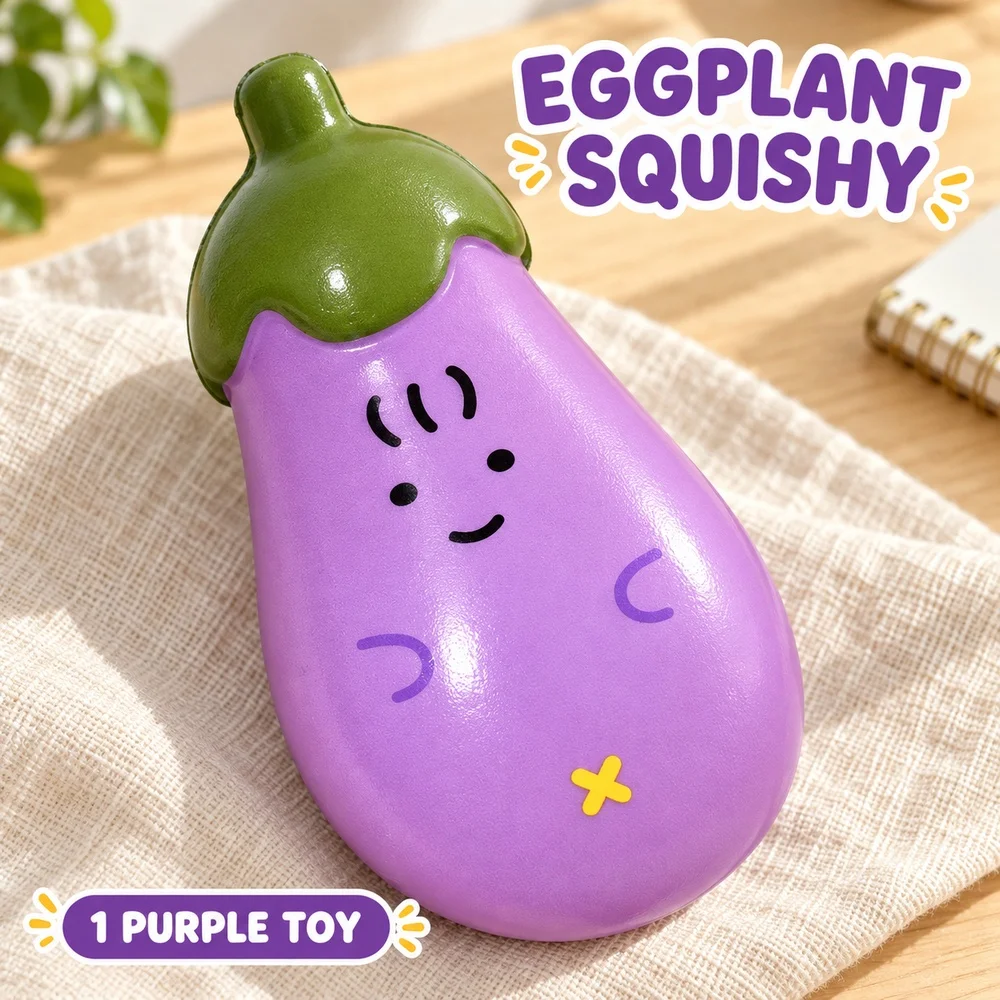 Purple Eggplant Squishy Toy Soft PU Foam Slow Rising Vegetable Shape Squeeze Fidget Desk Companion Gift for Teens and Adults