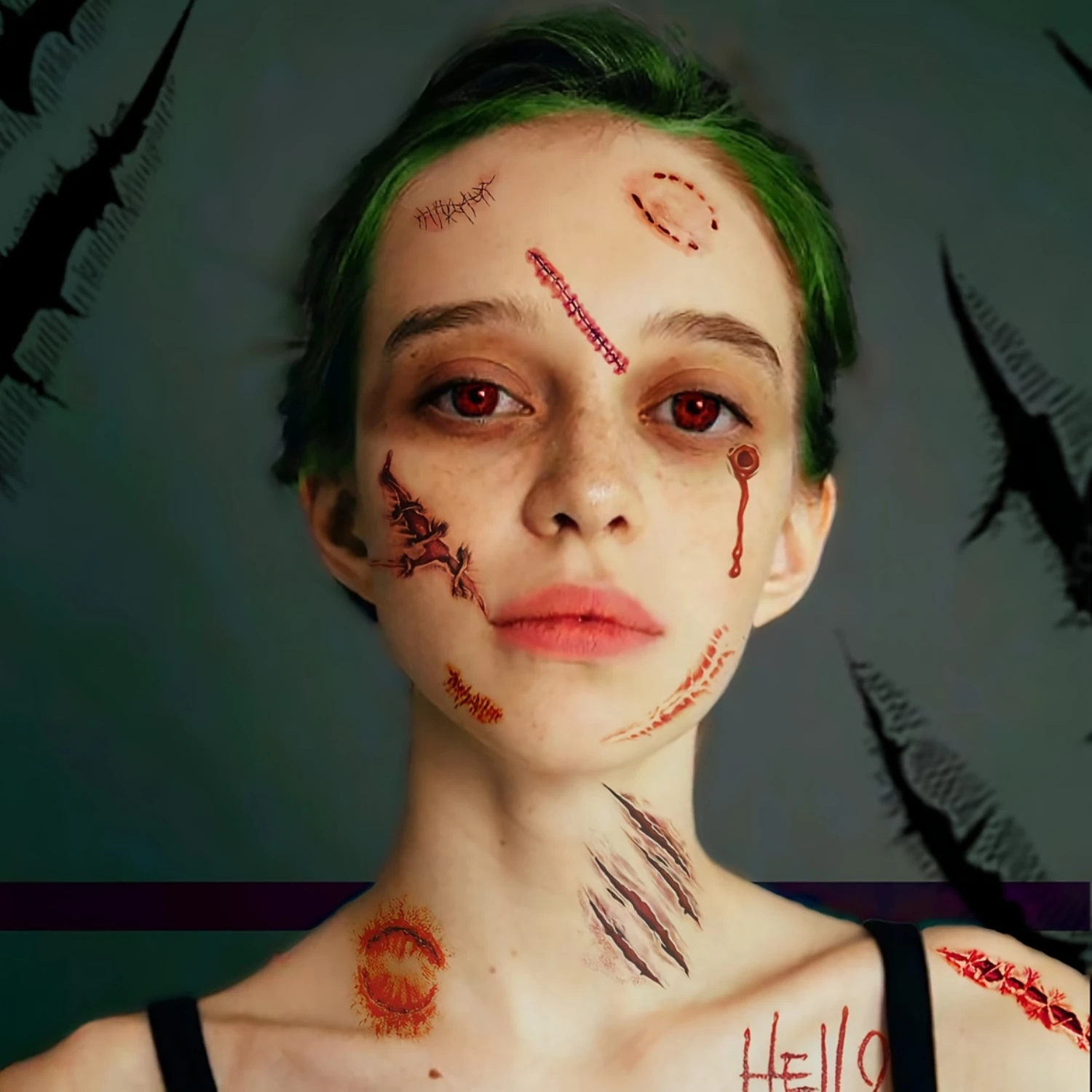 

10pcs/set Halloween temporary tattoo stickers with terrifying and realistic fake blood wounds, stitched scars, crystal waterproo