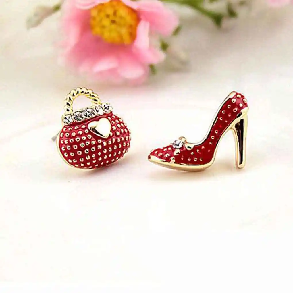 1 Pair Cute Bags Heels Shoe Asymmetric Earrings Women Girls Crystal Stud Earrings