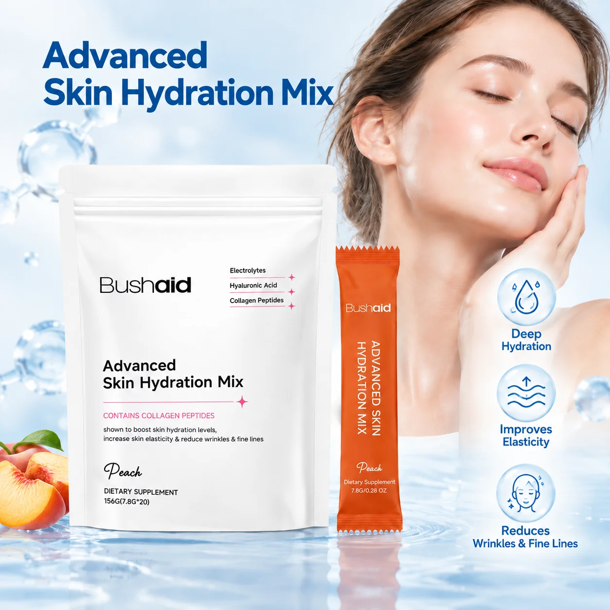 Collagen Peptides Skin Hydration Mix Powder for Deep Hydration & Skin Elasticity with Hyaluronic Acid Electrolytes 20 Packets