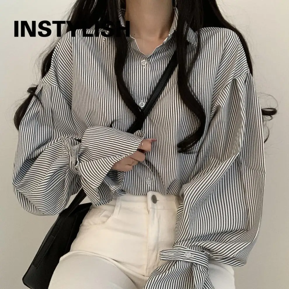 Elegant Striped Oversized Blouse Fashion Korean Puff Long Sleeve Loose Shirt Women Boyfriend Harajuku Tops Casual Chic Tunics