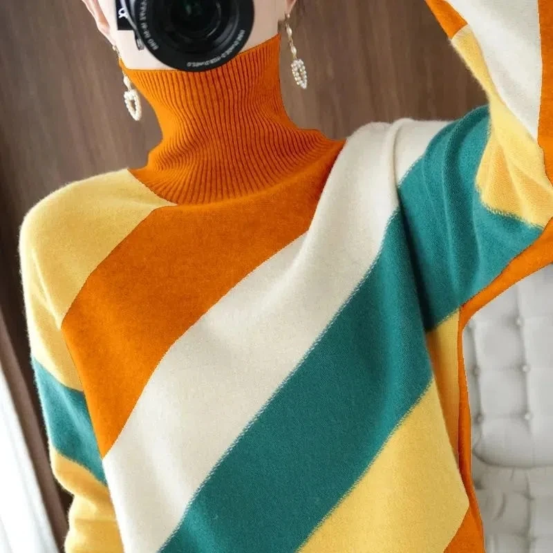 High Collar Sweater Women\'s 2023 Spring Autumn Knitwear Loose Thicke Stripe Color Contrast Soft Knitwear Jumpers Basic Sweaters