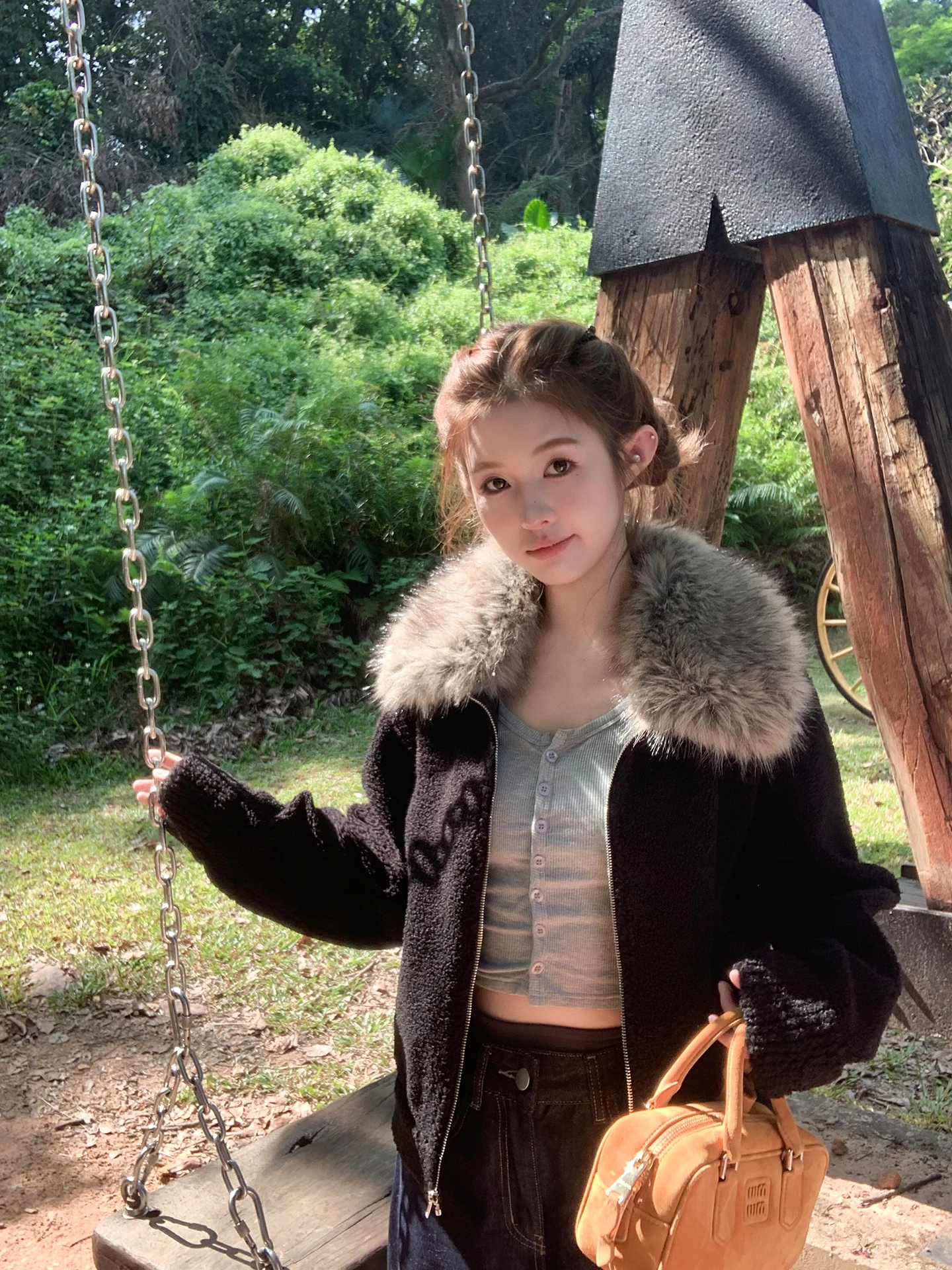 

Женская зимняя утепленная свободная куртка Muzi Barn с воротником из овечьей шерсти, теплая, из полиэстера, с длинными рукавами, на молнии