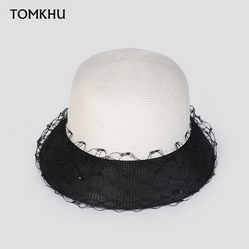 

Fashion Taiwan PP Grass Hand Woven Mesh Basin Hat For Women Black White Splicing Elegant Bucket Hat Summer Fadora Cap For Woman