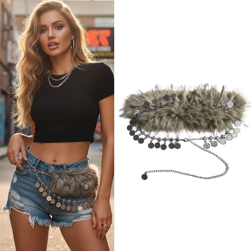 خمر العصرية تصميم فو الفراء أحزمة سلسلة معدنية الشرير فروي الربط حزام فتاة حار Y2K جولة عملة أحزمة وسط النساء الموضة