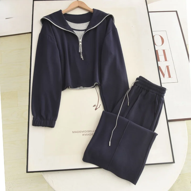 

Casual Loose Ne ort Sweatirt Tank Top Strap Wide Leg Pants Set Tee Piece Suite Navy Collar Comfortable Autumn Wear fo...