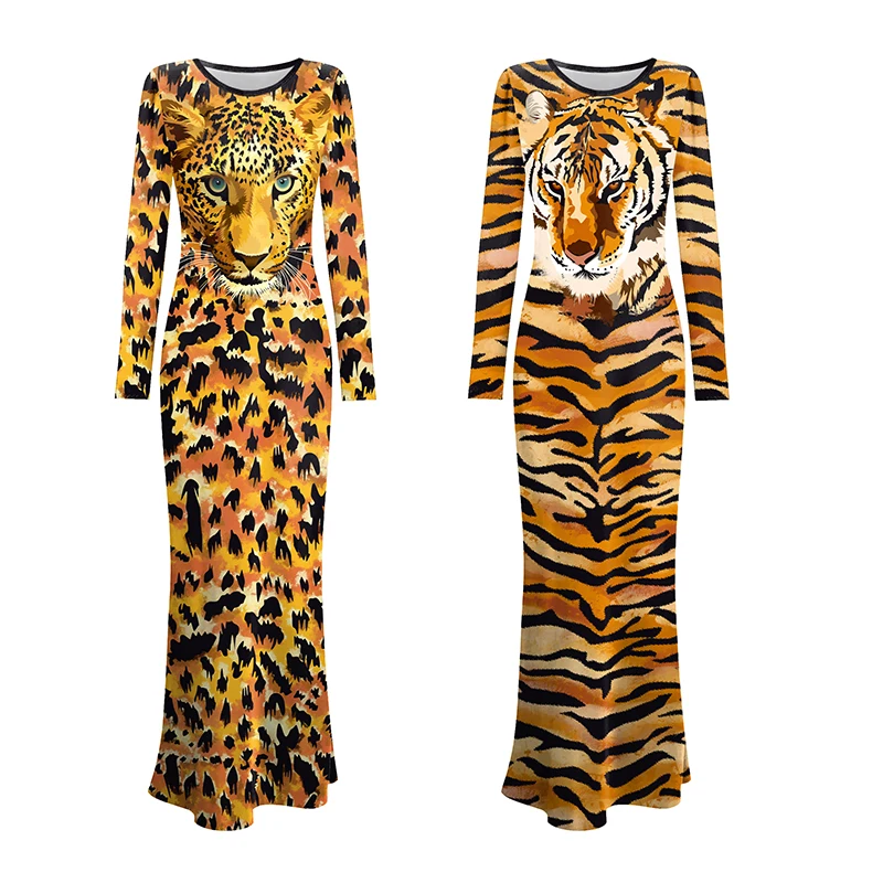 Tiger Stripe Fishtail Dresses Long Sleeved O Neck Dress Women Animal Cosplay Halloween Outfit Women Dresses Carnival Robe