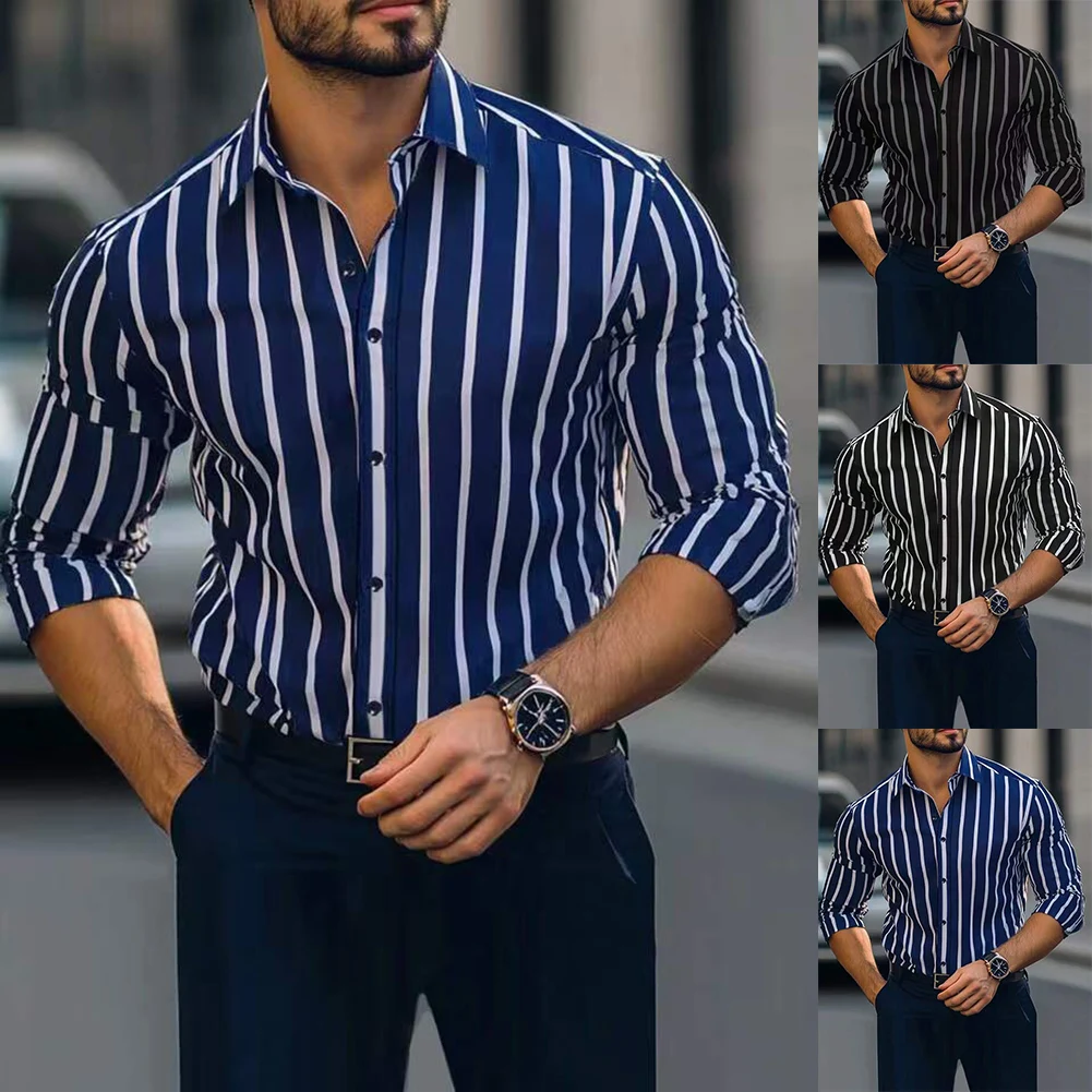 Mens Retro Striped Shirt with Button Closure Lapel Neck and Stretch Long Sleeves Designed for Business and Casual Wear