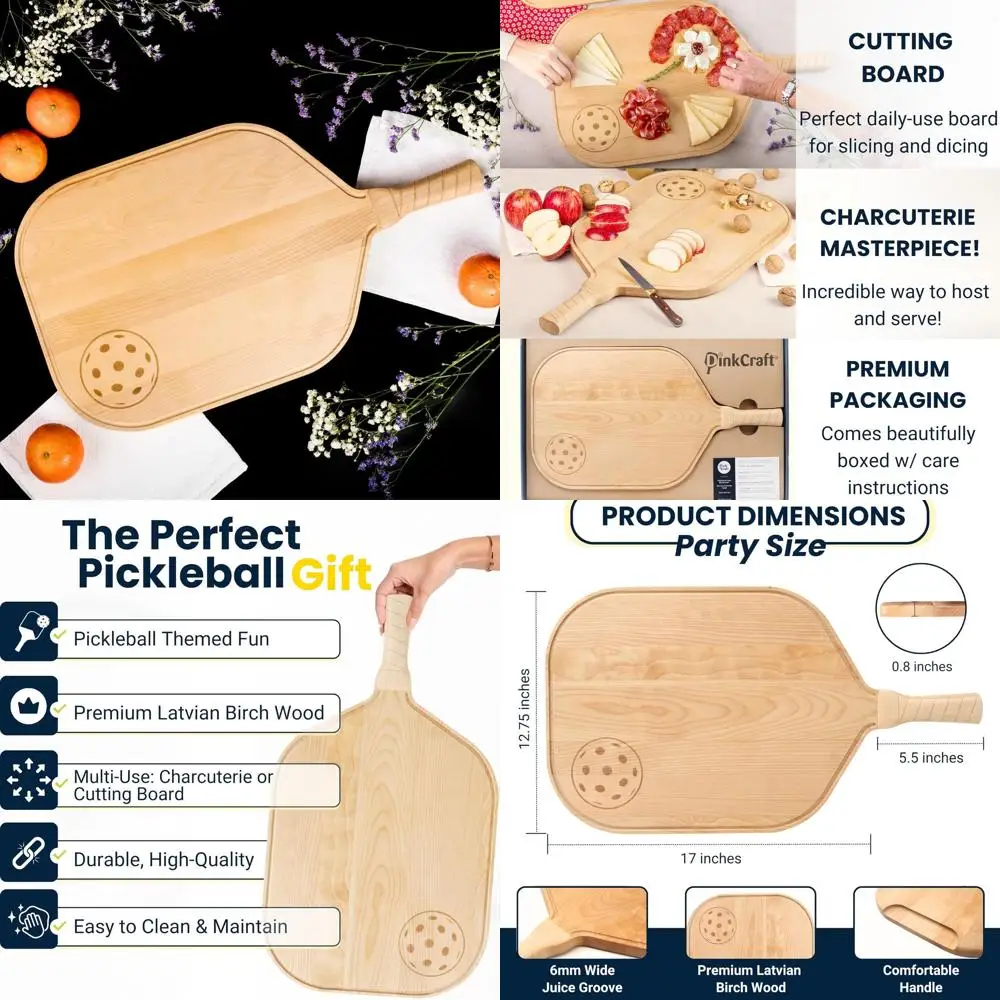 

Birch Wood Pickleball Paddle Charcuterie Board, Party-Sized 22.5 x 5.5 x 0.75, Handle Included, Mineral Oil Coated