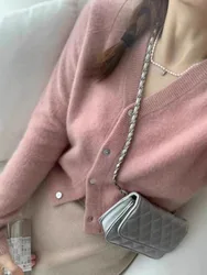 Temperament V-neck 100 pure cashmere knit cardigan women's spring and autumn short Korean version wool base coat