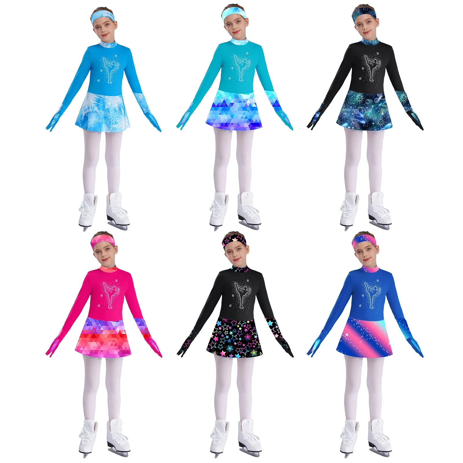 Girls Figure Skating Dress Shiny Rhinestones Gymnastics Outfit Long Sleeve Printed Ballet Leotard Dress with Gloves Headband