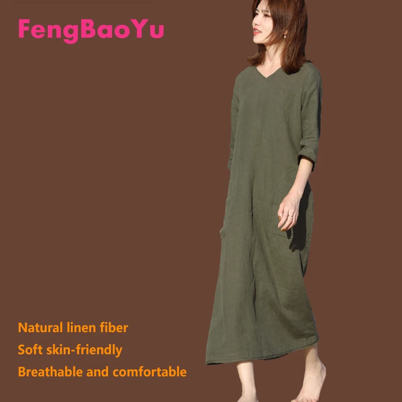 

100% Linen Spring Summer Women's Seven-point Sleeve V-neck Dress Dark Green Outdoor Seaside Casual Breathable Sweat Absorbent