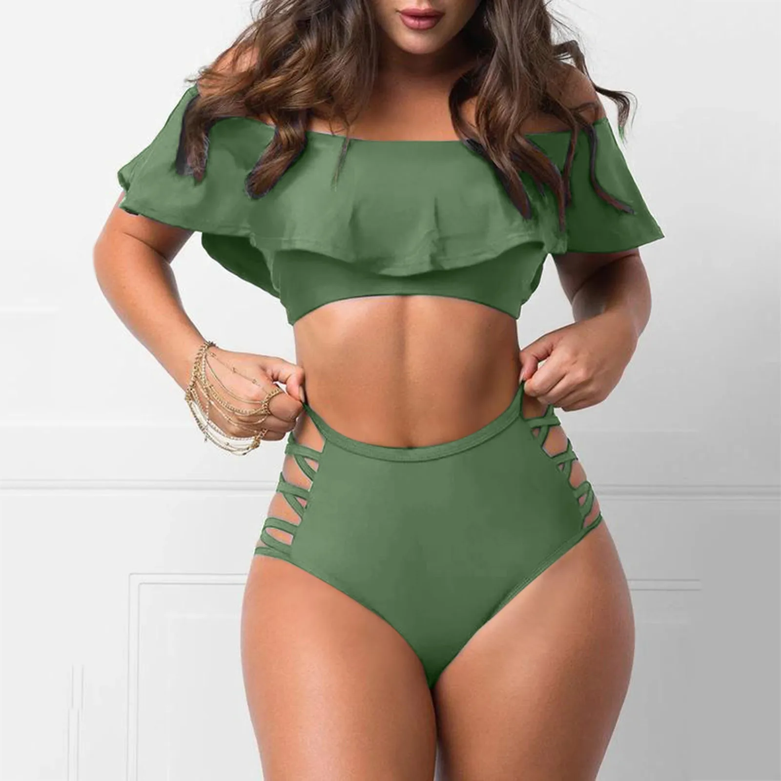 Conjunto de Bikini con volantes y hombros descubiertos para Mujer, traje de baño Sexy de vendaje, cintura alta, Bandeau, Push-Up, traje de baño para