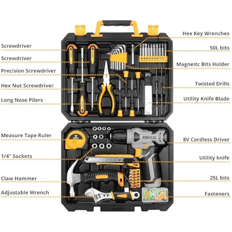 DEKOPRO Tool Set Tool Kit with 8V Cordless DrillTool Box with Drill Hand Drill Set for Men and Women Home Tool Kits for House R