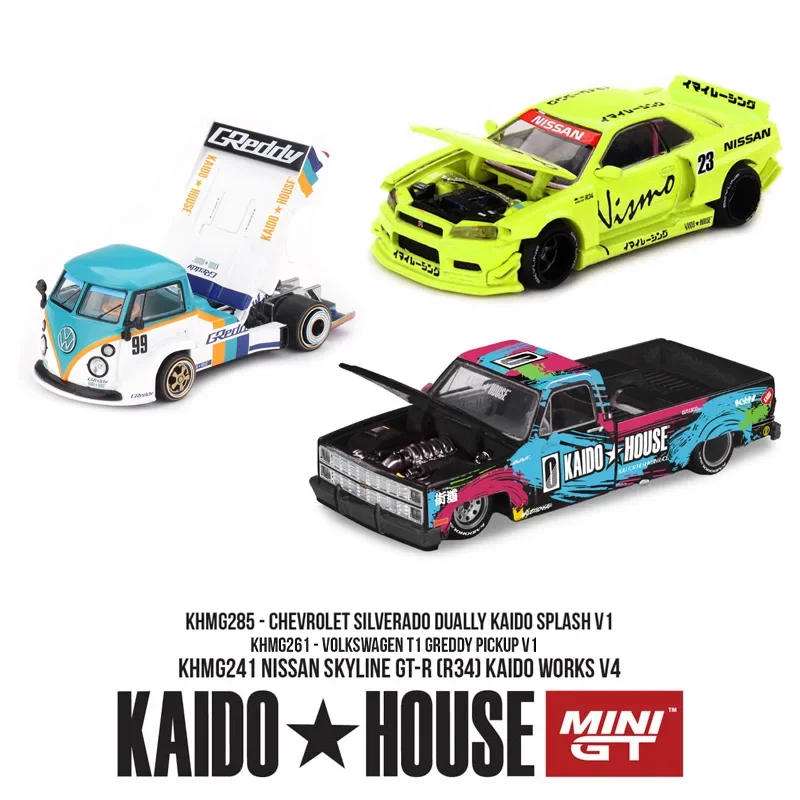 In Stock Kaido House MINIGT 1/64 Nissan Skyline GT-R (R34) Volkswagen T1 Chevrolet Silverado Alloy Diecast Car Model