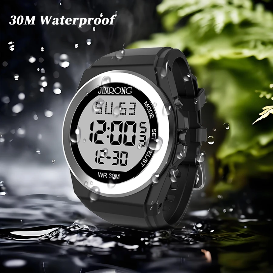남성용 스포츠 디지털 시계 방수 30M 라운드 다이얼 대형 디스플레이 전자 드라이브 모드-다기능 야외 시계