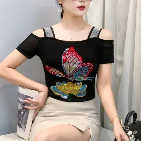 Summer Luxury Girl Shiny Diamond T-shirt For Women High Quality Off-Shoulder Short Sleeve Tees Ladies Sexy Slim Fit Top