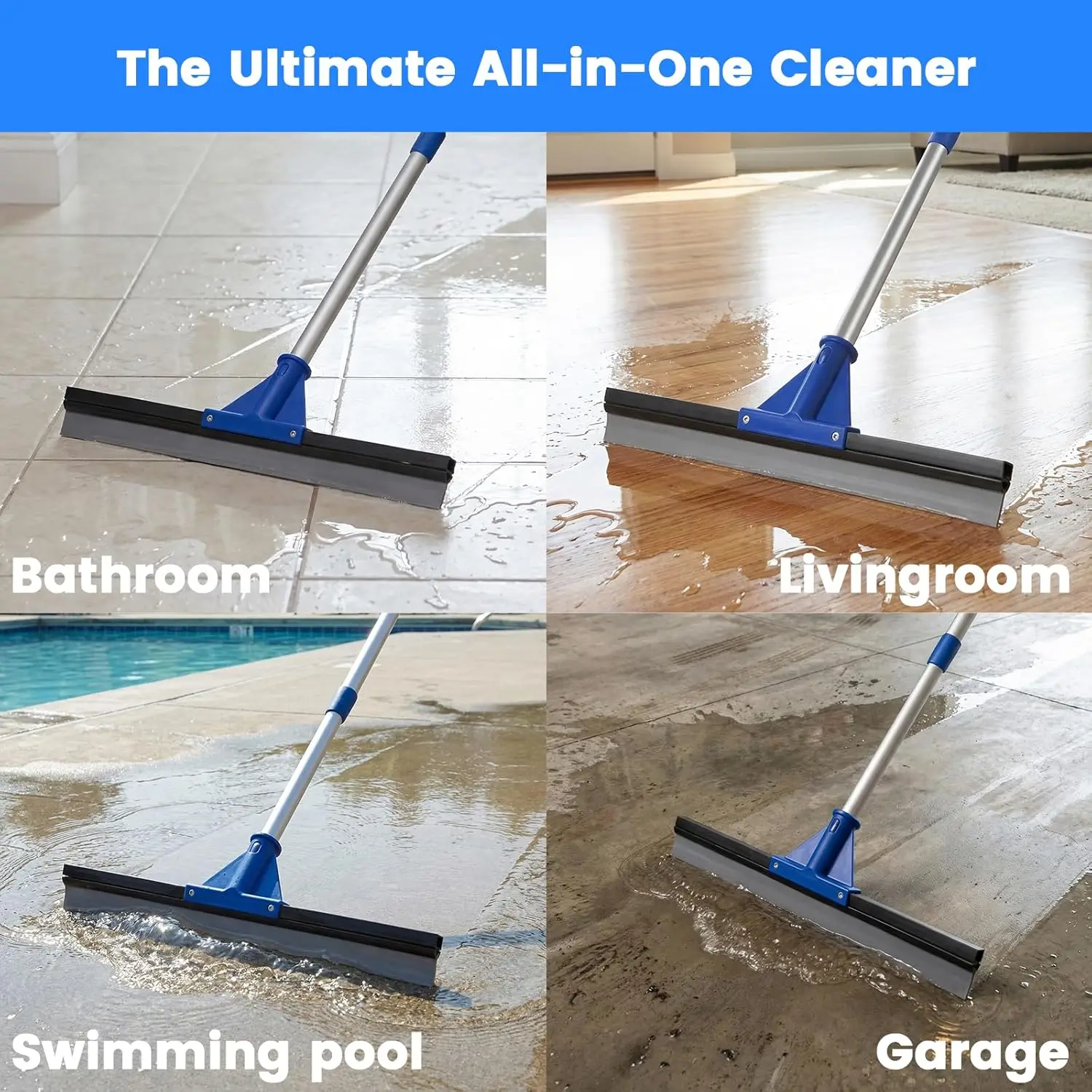 17.5" Heavy Duty Floor Squeegee for Concrete, Tile & Glass, with Adjustable Long Handle, Streak-Free Cleaning Tool