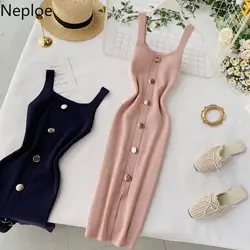 Neploe Square Collar Single Breasted Knitted Dress Women Solid Sleeveless Split Camis Vestido High Waist Bodycon Dresses 80852