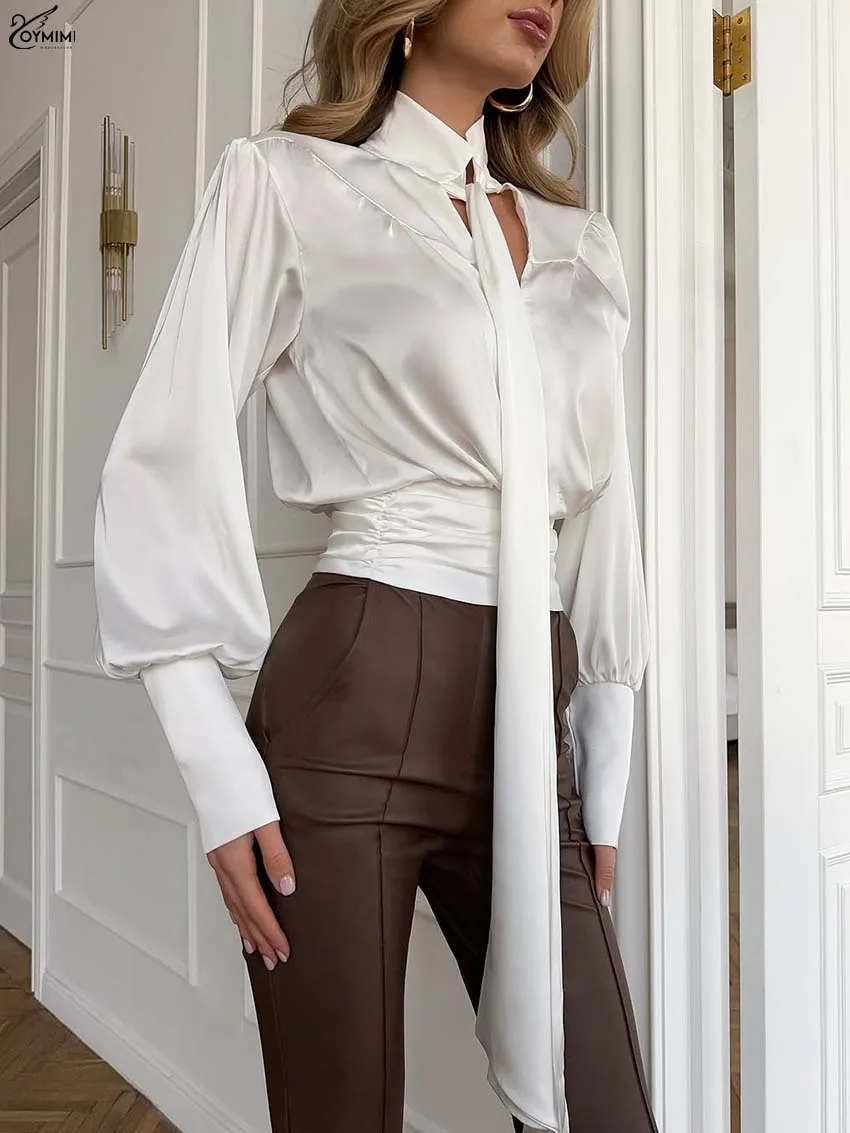 Oymimi Fashion White Lapel Women's Shirt Elegant Lace-Up Long Sleeve Solid Blouses Casual Button Slim Shirts Female Clothing