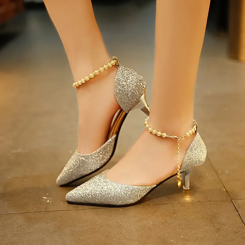 Sexy Pointed Toe Pearl High Heels Shoes Female Fashion Hollow with Sandals Paillette of The Thin Breathable Shoe Women Pumps