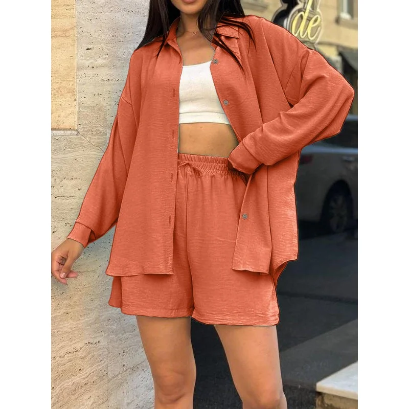 Dames Amerikaanse stijl los dames effen kleur shirt met lange mouwen effen kleur shorts tweedelig pak