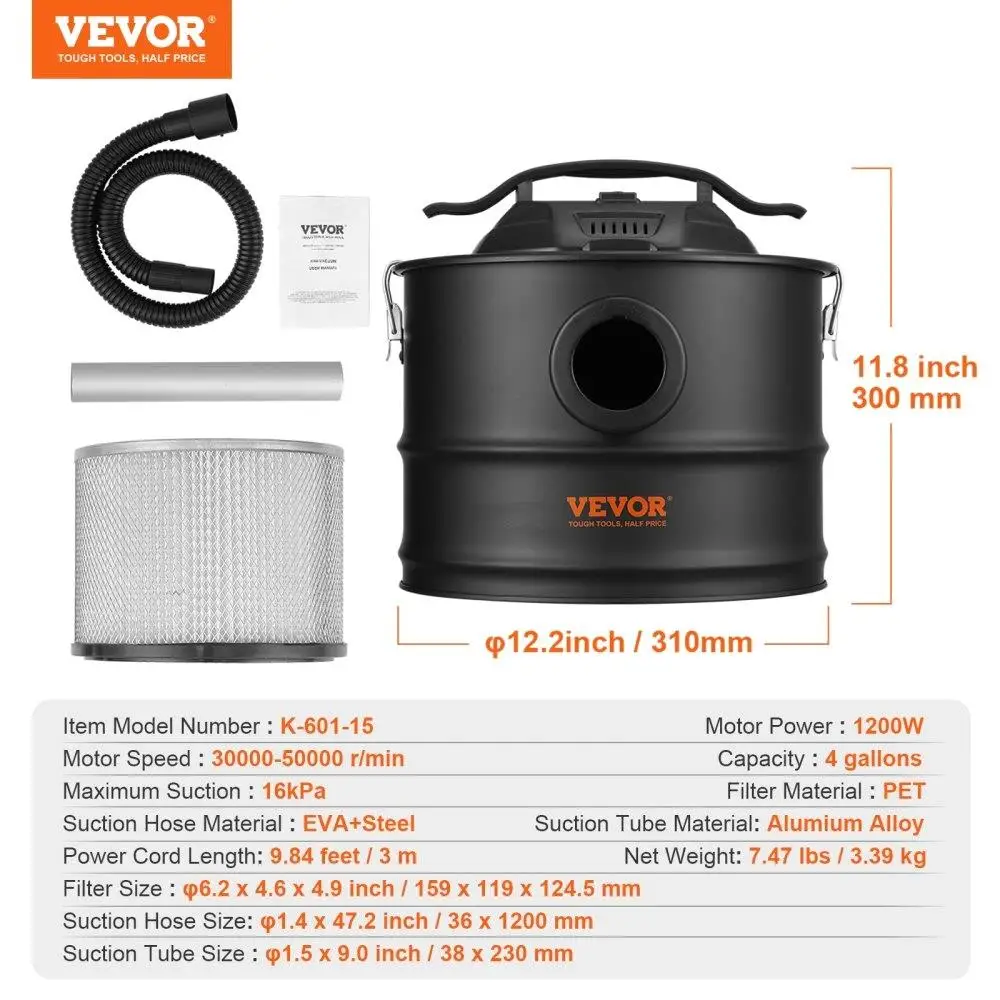 Aspirador de pó Ash 4 galões 1200 W mangueira flexível de 47,2 polegadas para acessórios de lareira