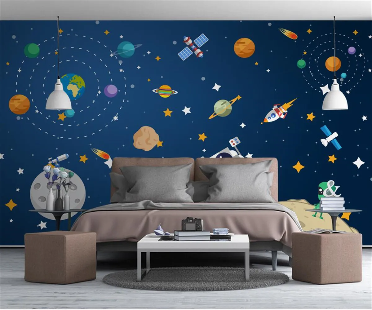 Custom Photo Wallpaper Modern minimalist hand drawn cartoon abstract spaceship Children Room Girl Bedroom Mural papel de parede