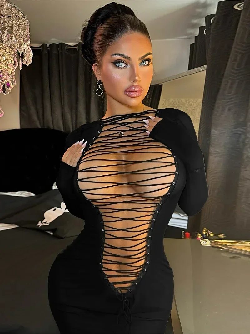 Sexy Hollow Out Bandage Mini Dress Women Fashion Long Sleeve Lace-up Bodycon Package Hip Skinny Party Dresses Night Club Outfit