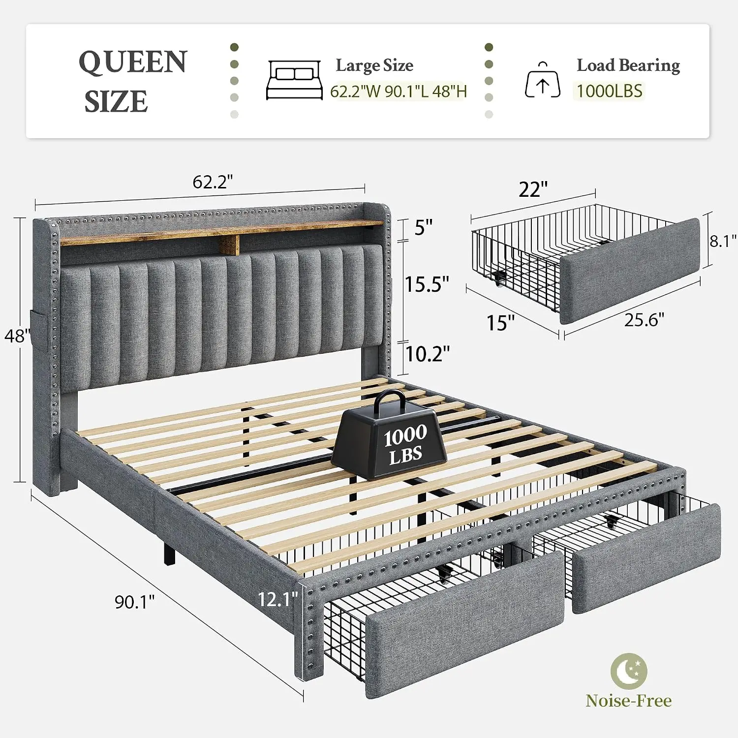 EnHomee Bed Frame Queen Size with 2 Drawer & 2-Tier Storage Headboard Shelf | 2 side pockets, Under-Bed space, Fabric upholstere